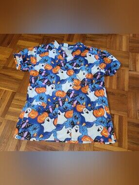 Halloween Ghost Pumpkin Bat Print V-Neck Scrub Top ladies size small